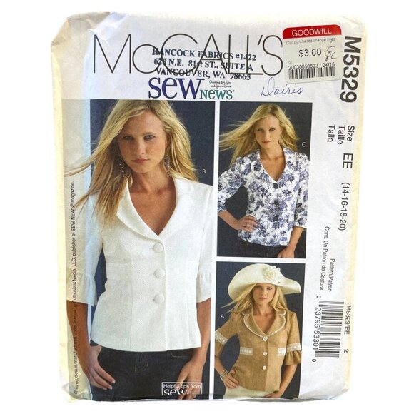 McCalls Sewing Pattern 5329 Lined Jacket Coat Misses Size 14-20 - Picture 4 of 4